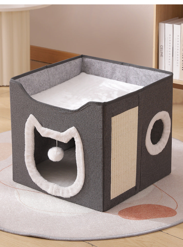 Warm Foldable Cat Villa Storage House Featuring Scratching Board All Year