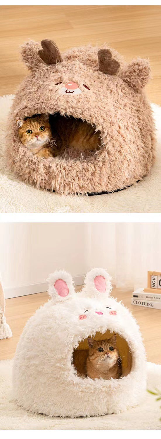 Pet Cat Nest Enclosed Sleeping Nest Dog Nest Winter Warm Mongolian Yurt Plush Animal Style Cute Adorable Pet Fleece Nest