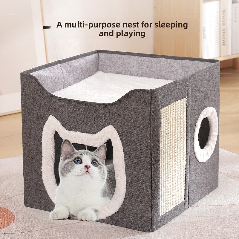 Warm Foldable Cat Villa Storage House Featuring Scratching Board All Year