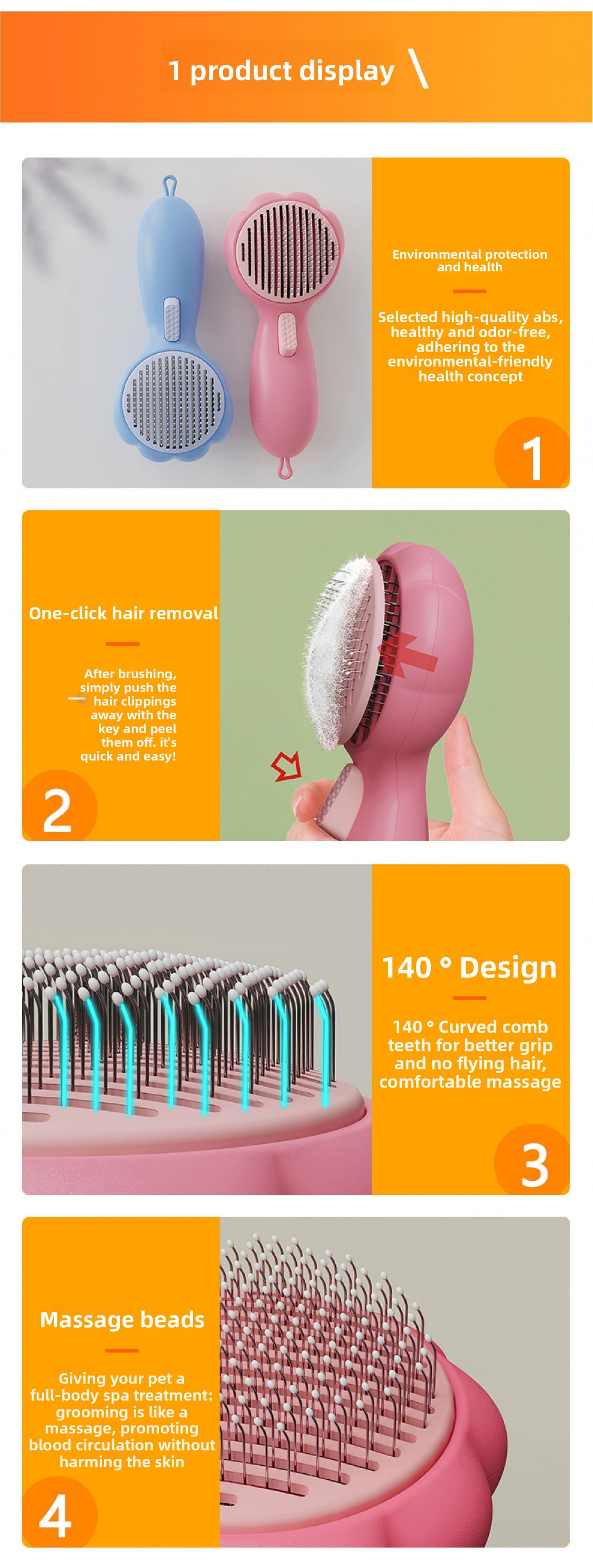 Peigne autonettoyant pour chats et chiens - Outil d'élimination des poils en un clic - Brosse magique anti-mouillage avec embouts de massage pour réduire la perte de poils 