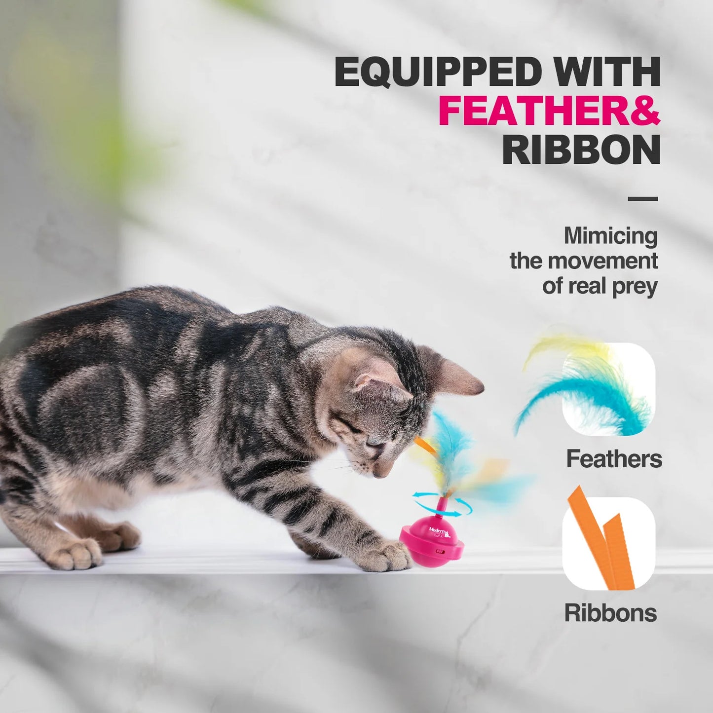 USB Rechargeable Cat Ball Toy 360-Degree Rotating Feather Ribbon Teaser