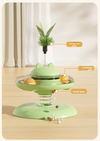 Advanced Self Amusement Cat Toy Automatic Rotating Turntable with Feather Wand and Balls for Indoor Kittens to Play Alone
