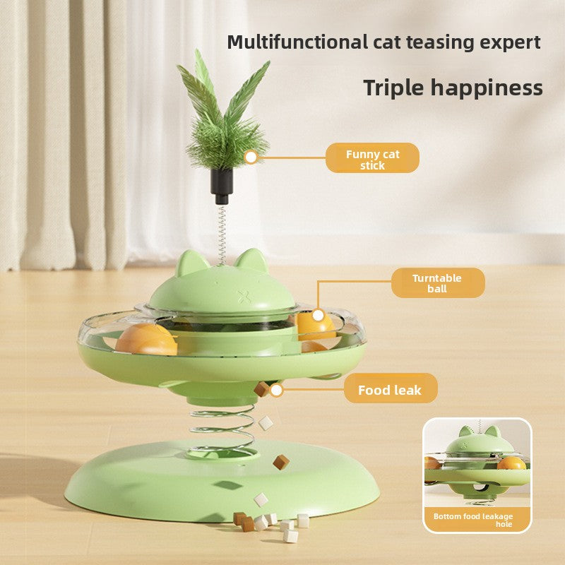 Advanced Self Amusement Cat Toy Automatic Rotating Turntable with Feather Wand and Balls for Indoor Kittens to Play Alone