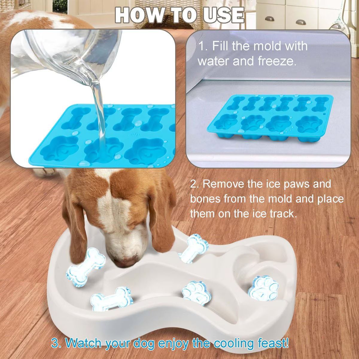 Pet Cooling and Heat Relief Feeding Bowl Set Bone Paw Ice Cube Silicone Mold Dog Cat Lick Bowl
