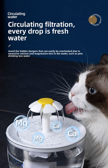 Cat Water Fountain 2L Automatic Circulating Flower Design with LED Light and Filter for Healthy Hydration