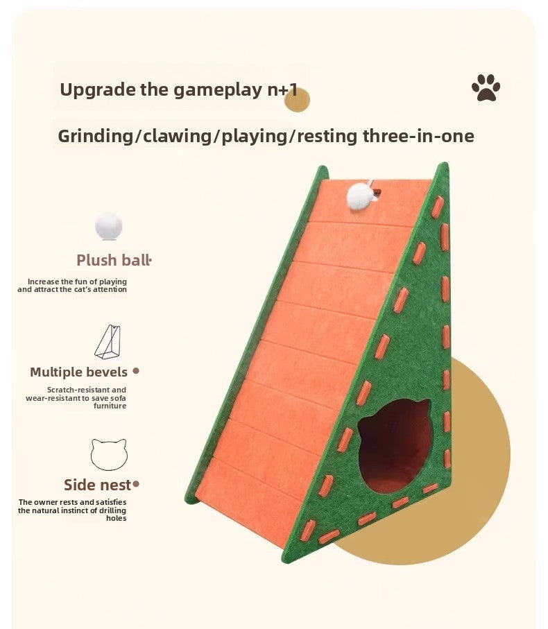 All Season Triangular Felt Cat House Wall Mounted Scratching Board Integrated Non Shedding Villa