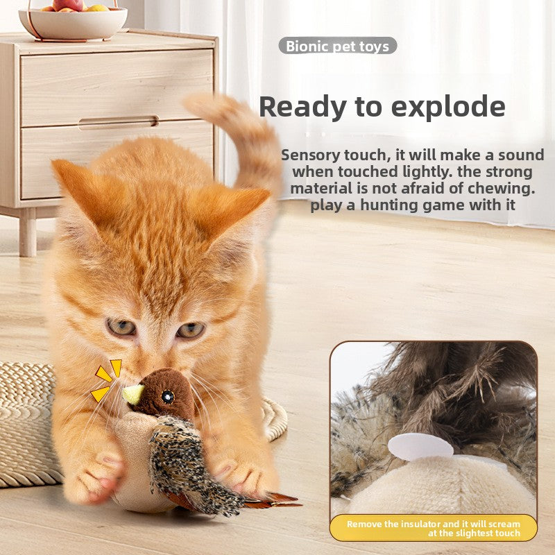 Interactive Cat Toy with Touch Sensitive Sound Plush Bird Hedgehog Capybara Teaser Stick for Teeth Grinding Self Play and Boredom Relief