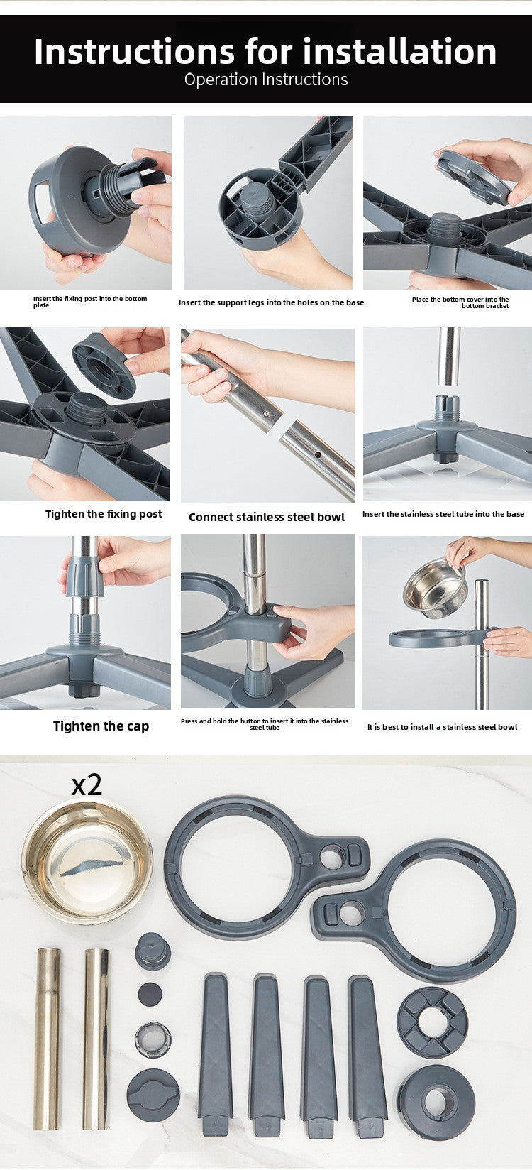 Stainless Steel Adjustable Double Pet Bowl Anti Splash Slip Neck Protection Dog Feeder