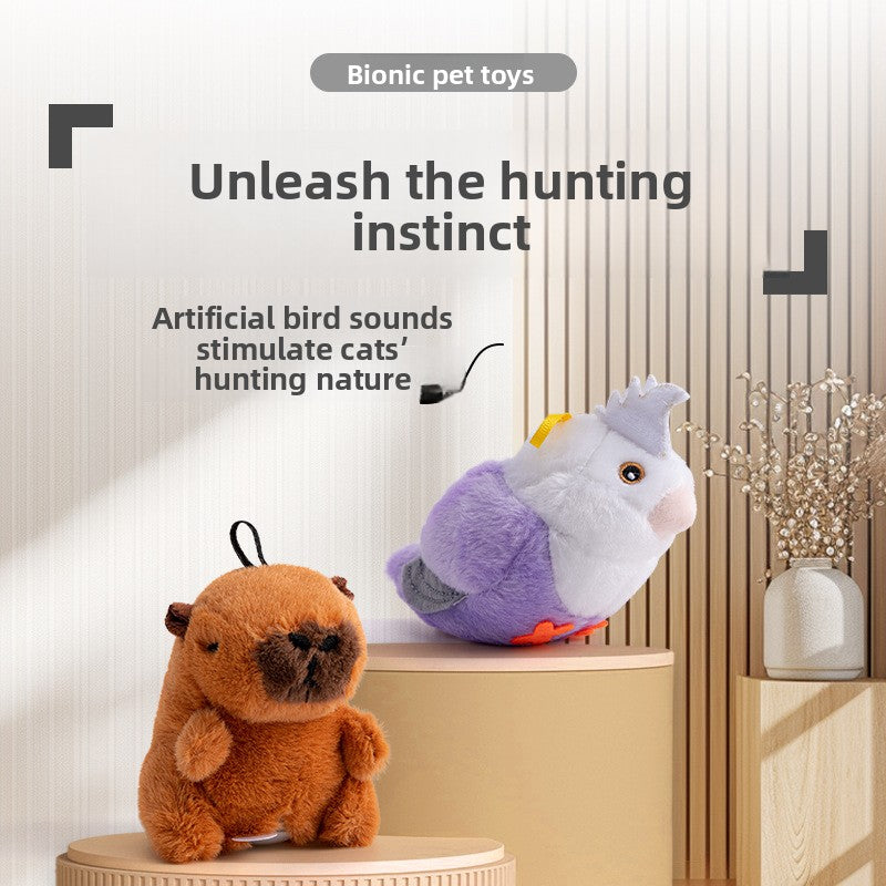Interactive Cat Toy with Touch Sensitive Sound Plush Bird Hedgehog Capybara Teaser Stick for Teeth Grinding Self Play and Boredom Relief