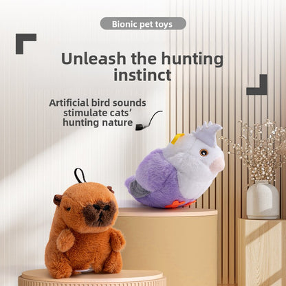 Interactive Cat Toy with Touch Sensitive Sound Plush Bird Hedgehog Capybara Teaser Stick for Teeth Grinding Self Play and Boredom Relief