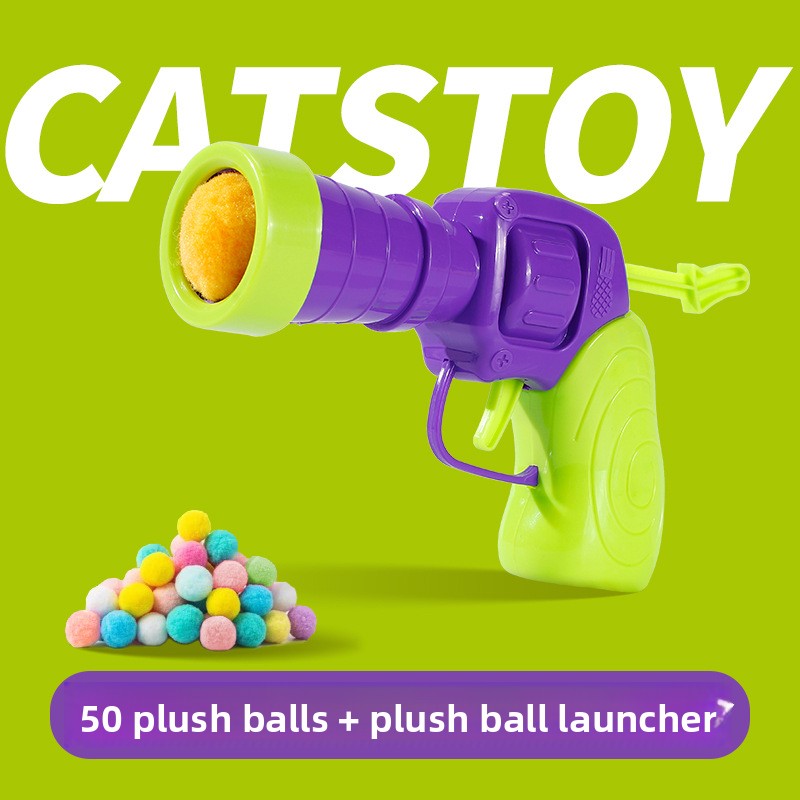 Elastic Hairball Pompom Launcher Gun for Cats Stress Relief SelfEntertainment Wand