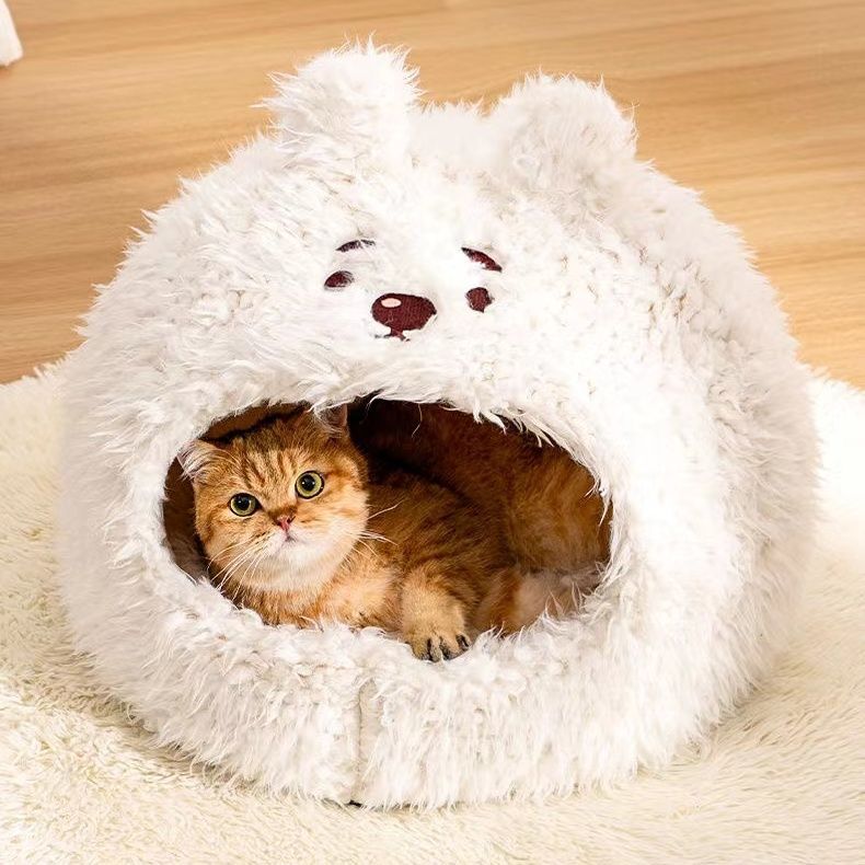 Pet Cat Nest Enclosed Sleeping Nest Dog Nest Winter Warm Mongolian Yurt Plush Animal Style Cute Adorable Pet Fleece Nest