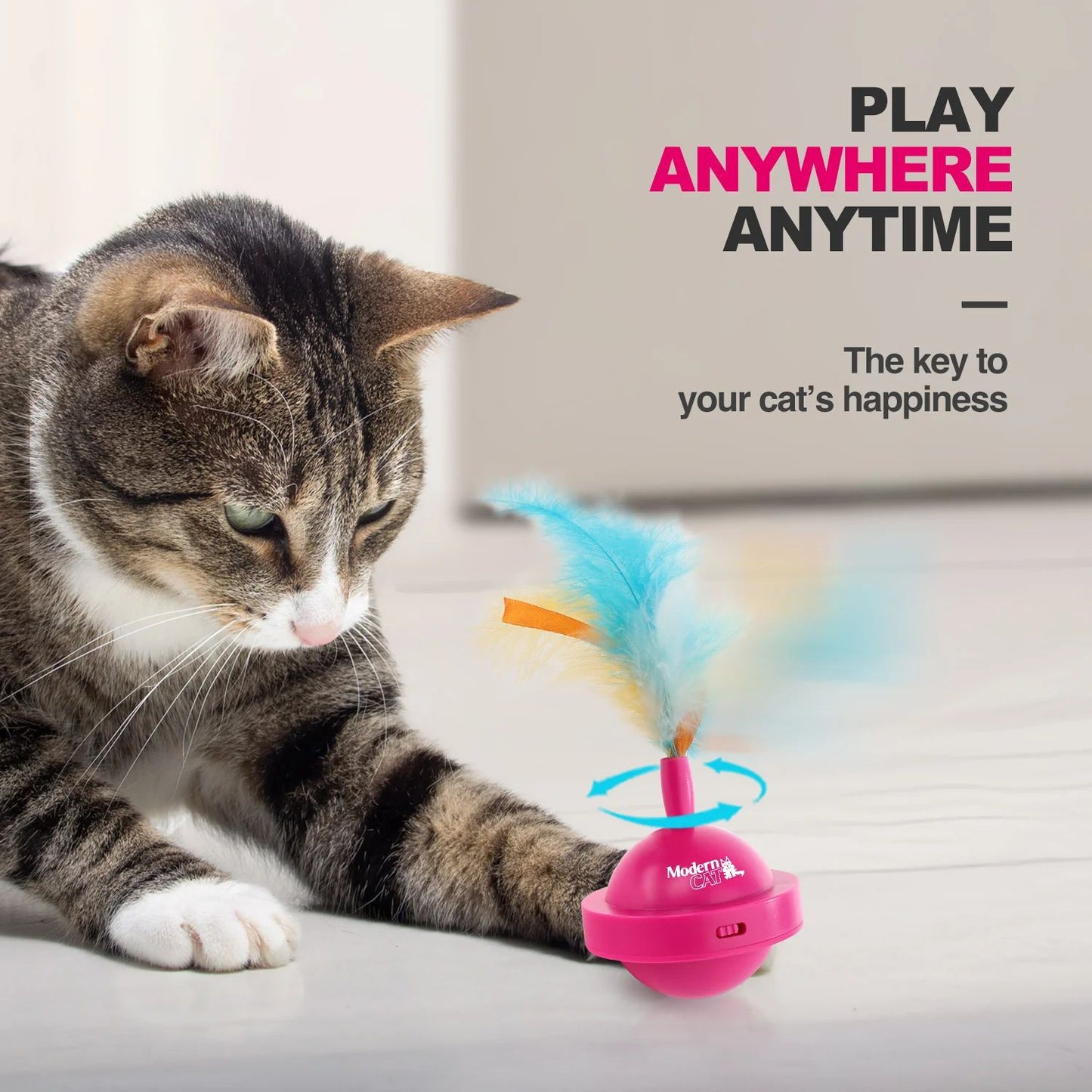 USB Rechargeable Cat Ball Toy 360-Degree Rotating Feather Ribbon Teaser