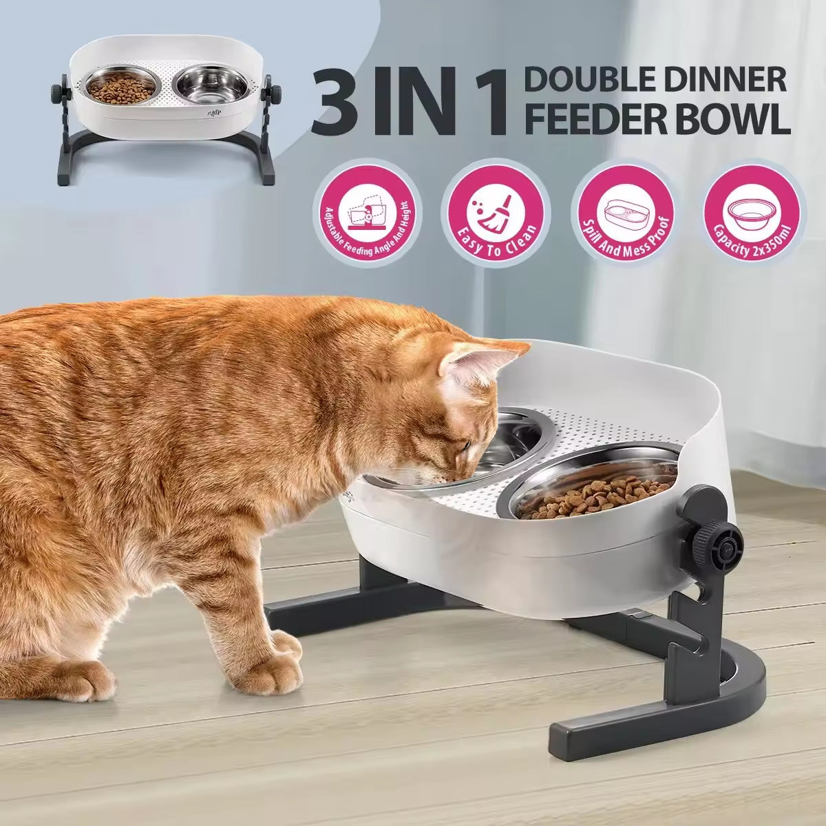 Adjustable Angle Heightening Stainless Steel Pet Bowl Cat Dog Double Feeding Drinking Basin