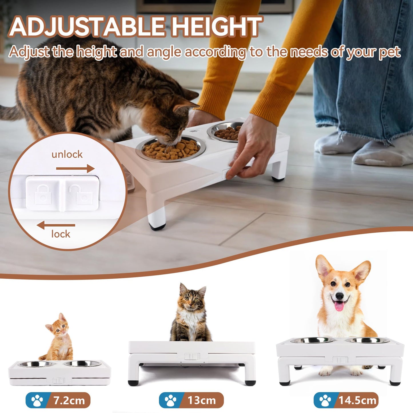 Sturdy Adjustable Height Angle Pet Feeder 750ml Stainless Bowl
