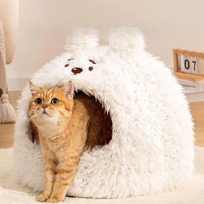 Pet Cat Nest Enclosed Sleeping Nest Dog Nest Winter Warm Mongolian Yurt Plush Animal Style Cute Adorable Pet Fleece Nest