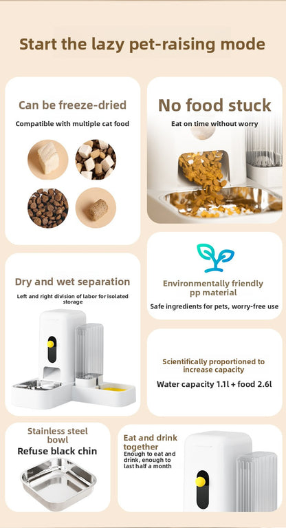 Stainless Steel Cat Bowl Dog Bowl Automatic Water Dispenser with Dry Wet Food Separation Large Capacity Pet Feeder Drinking Fountain Quiet Pump