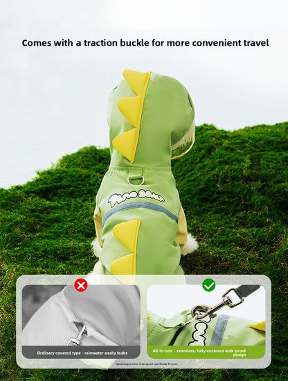 3D Dinosaur Tail Dog Raincoat Waterproof Reflective Pet Rain Poncho for Medium Large Breeds Like Golden Retriever Hooded Rain Gear