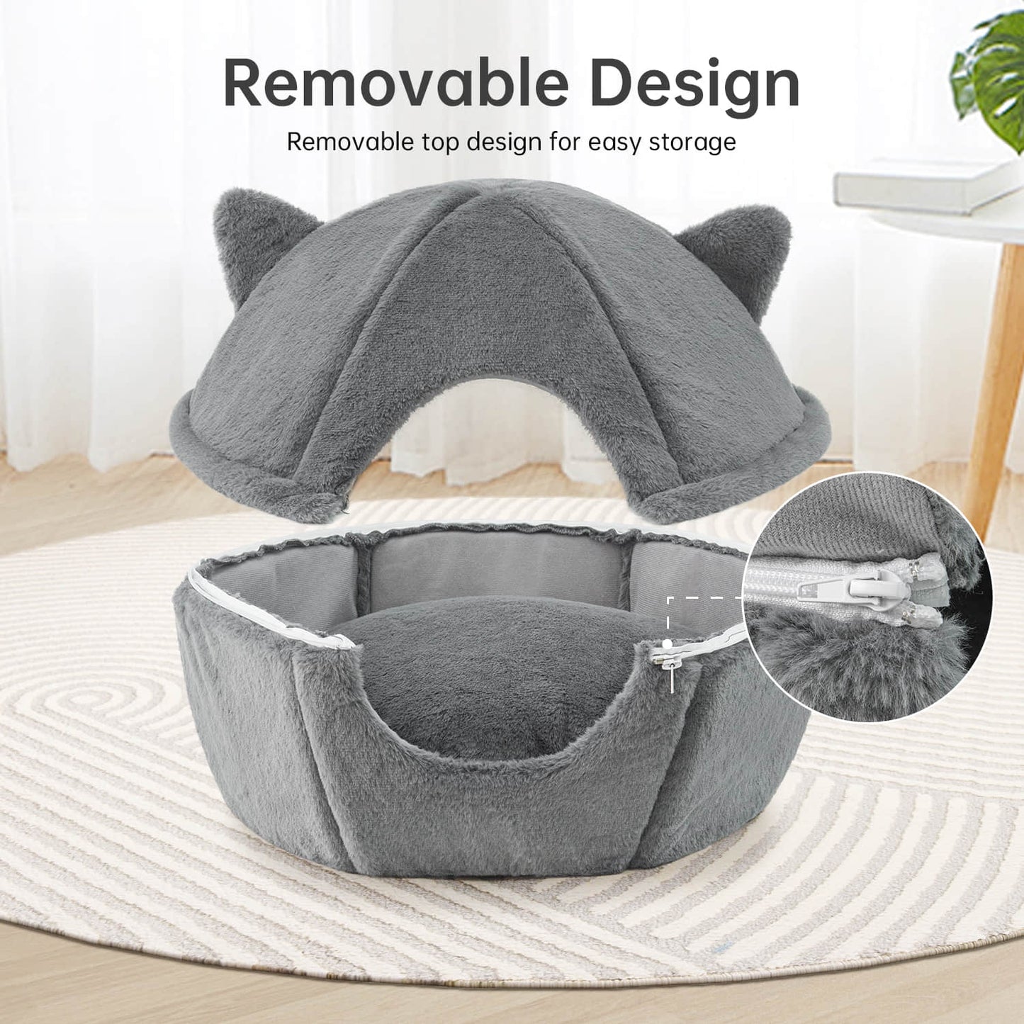 Detachable Foldable Cave Cat Bed Featuring Double Zipper Soft Fur Pad