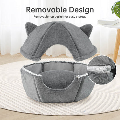 Detachable Foldable Cave Cat Bed Featuring Double Zipper Soft Fur Pad