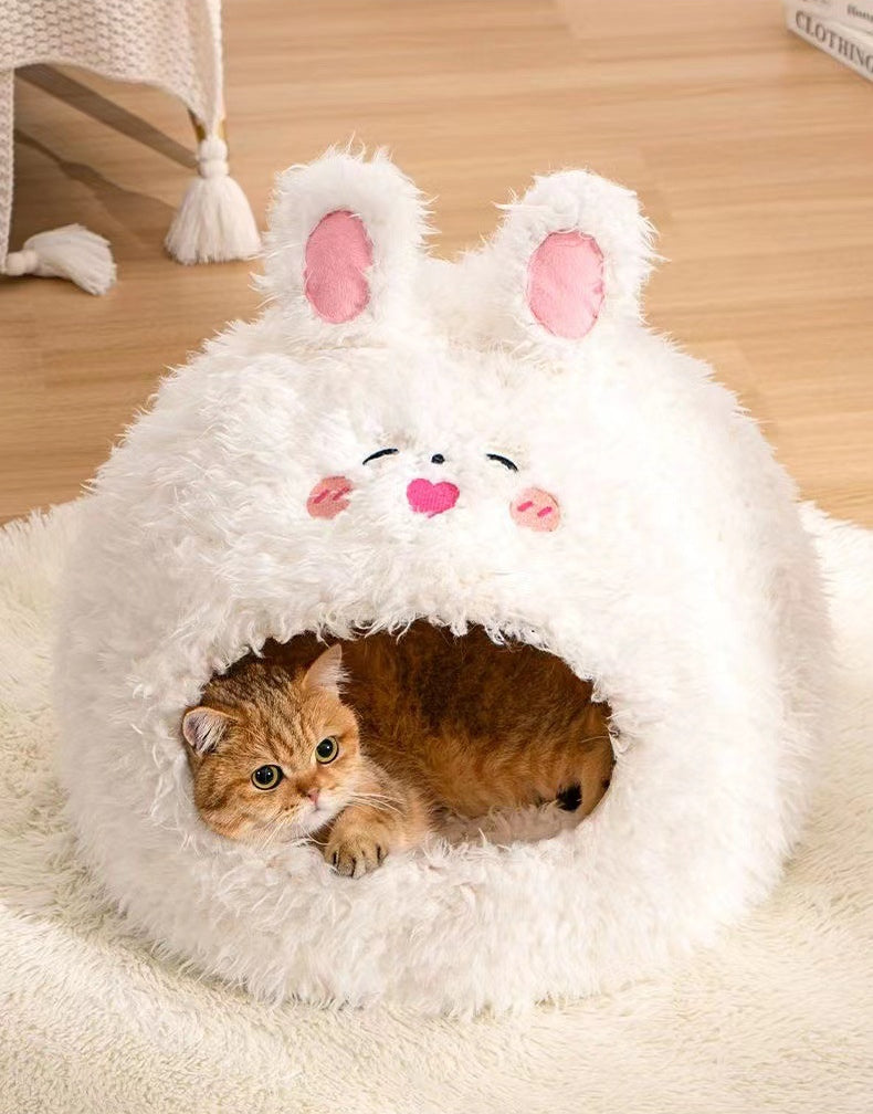 Pet Cat Nest Enclosed Sleeping Nest Dog Nest Winter Warm Mongolian Yurt Plush Animal Style Cute Adorable Pet Fleece Nest
