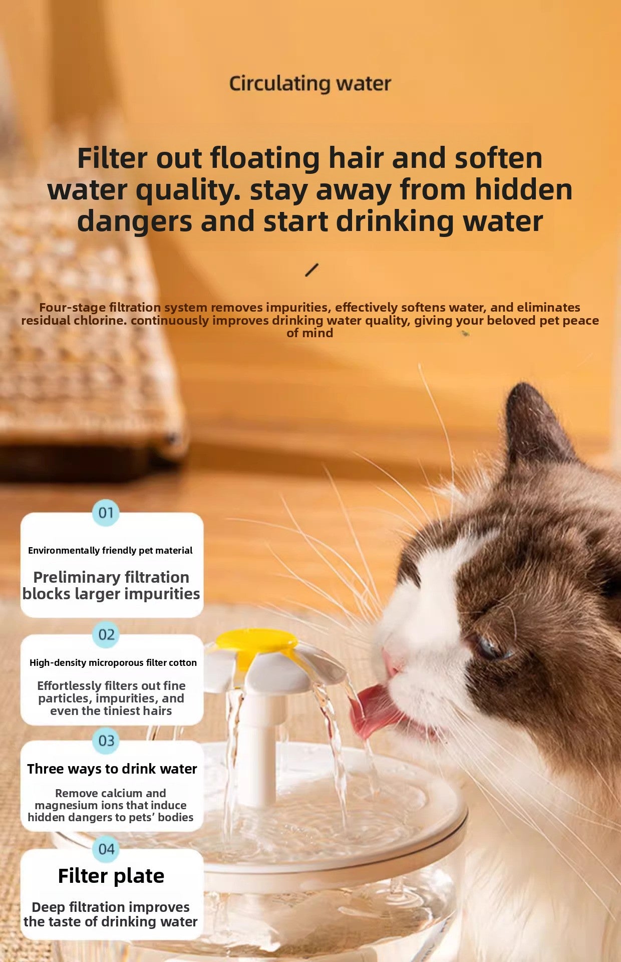 Silent Automatic Cat Water Dispenser Large Capacity Pet Fountain Anti Black Chin Bowl