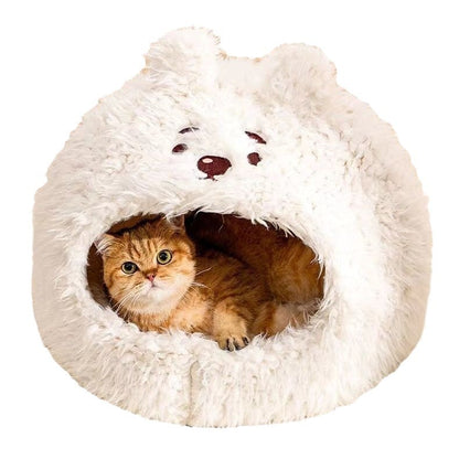 Pet Cat Nest Enclosed Sleeping Nest Dog Nest Winter Warm Mongolian Yurt Plush Animal Style Cute Adorable Pet Fleece Nest