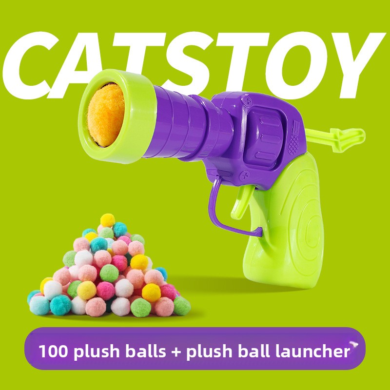 Elastic Hairball Pompom Launcher Gun for Cats Stress Relief SelfEntertainment Wand