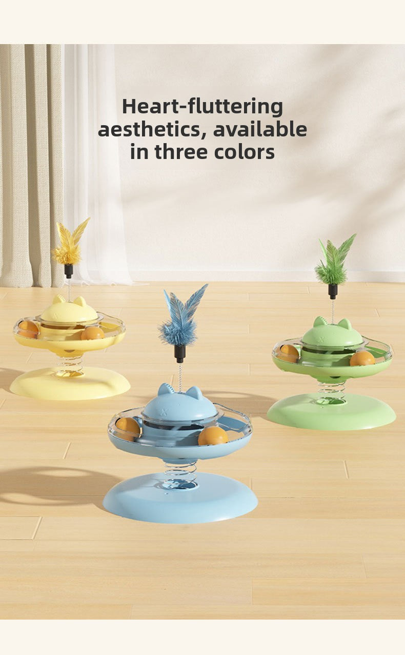 Advanced Self Amusement Cat Toy Automatic Rotating Turntable with Feather Wand and Balls for Indoor Kittens to Play Alone