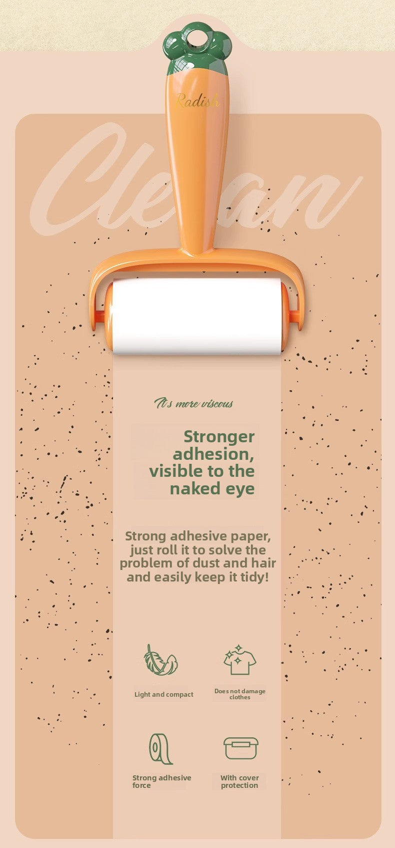 Tearable Carrot Lint Roller Strong Brush for Clothes Pet Hair with Replaceable Paper