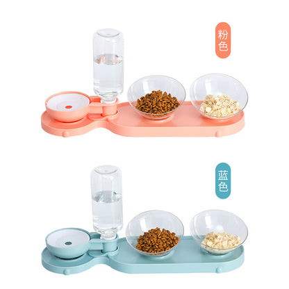 Elevated Cat Food Bowl 3 in 1 Automatic Water Feeder Tilted Design for Neck Relief Slow Feeding Transparent Double Pet Bowl for Cats and Small Dogs
