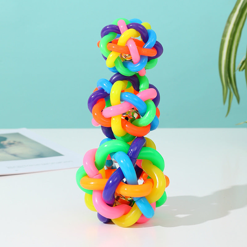 Interactive Dog Training Woven Bell Rubber Chew Ball with Colorful Design