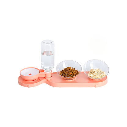 Elevated Cat Food Bowl 3 in 1 Automatic Water Feeder Tilted Design for Neck Relief Slow Feeding Transparent Double Pet Bowl for Cats and Small Dogs