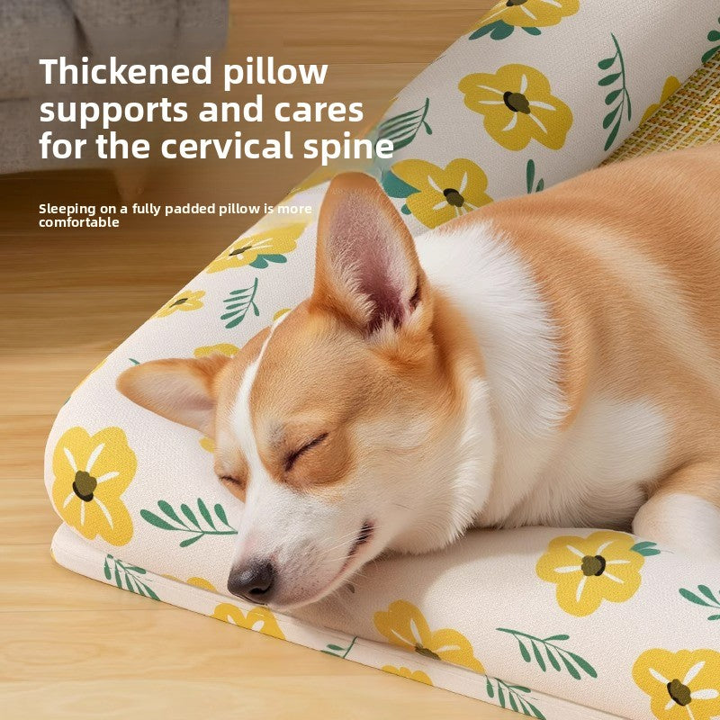 Elevated Cooling Dog Bed Summer Gel Cooling Mat with Neck Protection Removable Washable Cover Thickened Pet Bed for Medium Large Dogs Cats