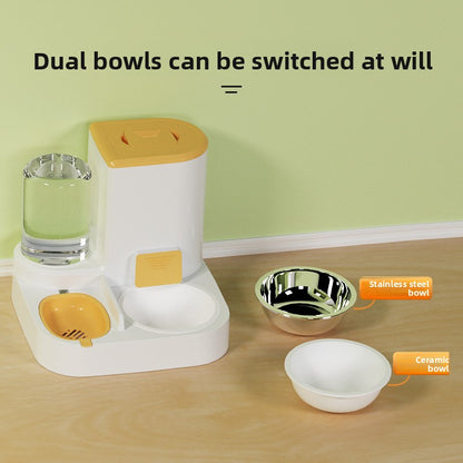 Anti-Tip Cat/Dog Feeder with Large Capacity Automatic Waterer, Ceramic/Stainless Steel Bowls