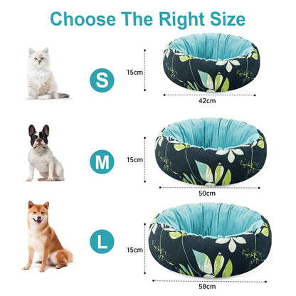 Plush Round Pet Bed Blue Leaves Pattern All-Season Cat Dog Non-Slip Mat
