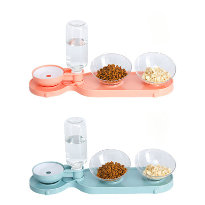Elevated Cat Food Bowl 3 in 1 Automatic Water Feeder Tilted Design for Neck Relief Slow Feeding Transparent Double Pet Bowl for Cats and Small Dogs
