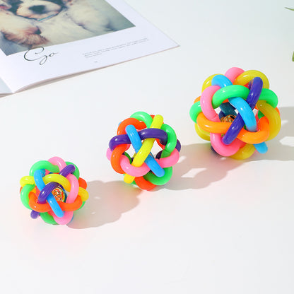 Interactive Dog Training Woven Bell Rubber Chew Ball with Colorful Design