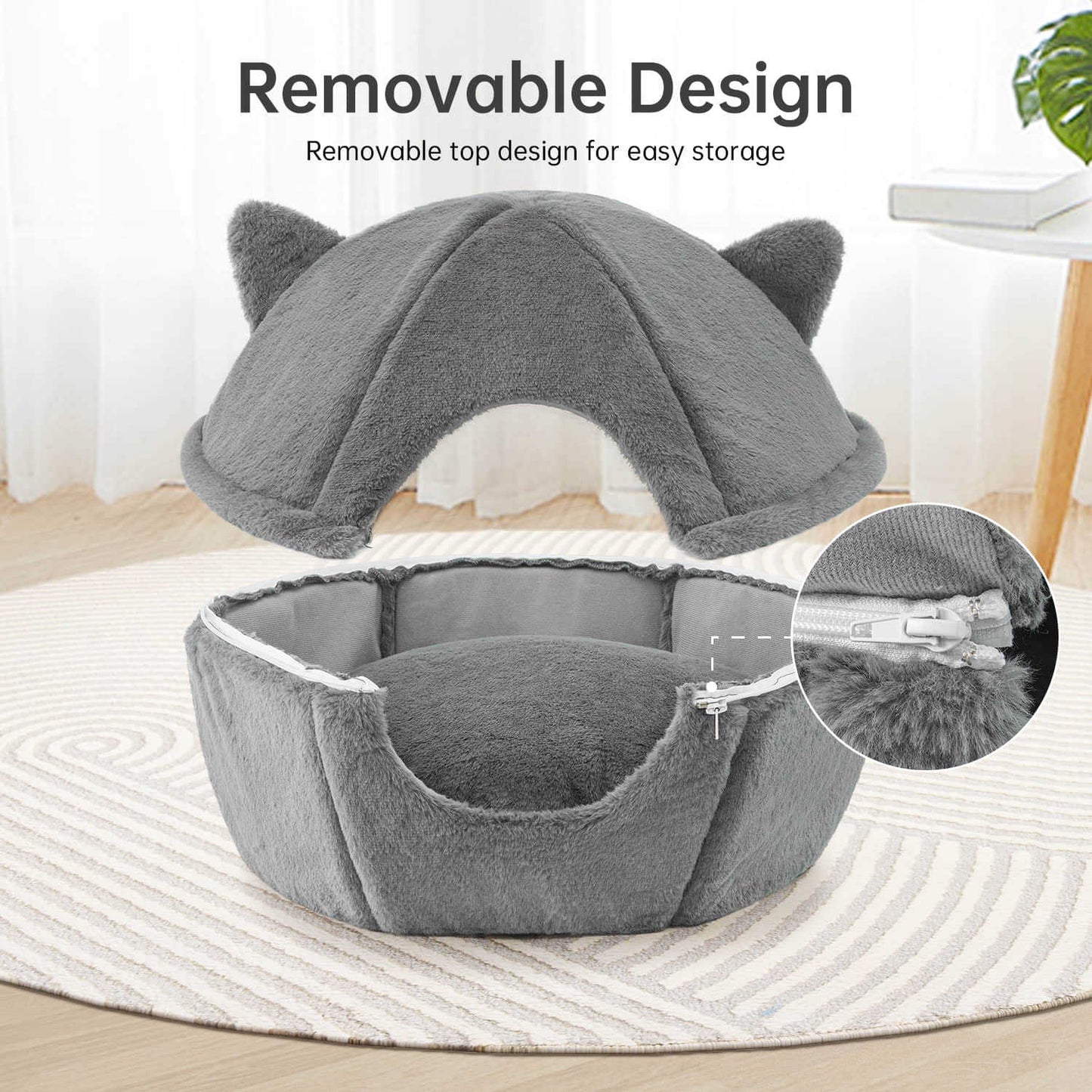 Detachable Foldable Cave Cat Bed Featuring Double Zipper Soft Fur Pad