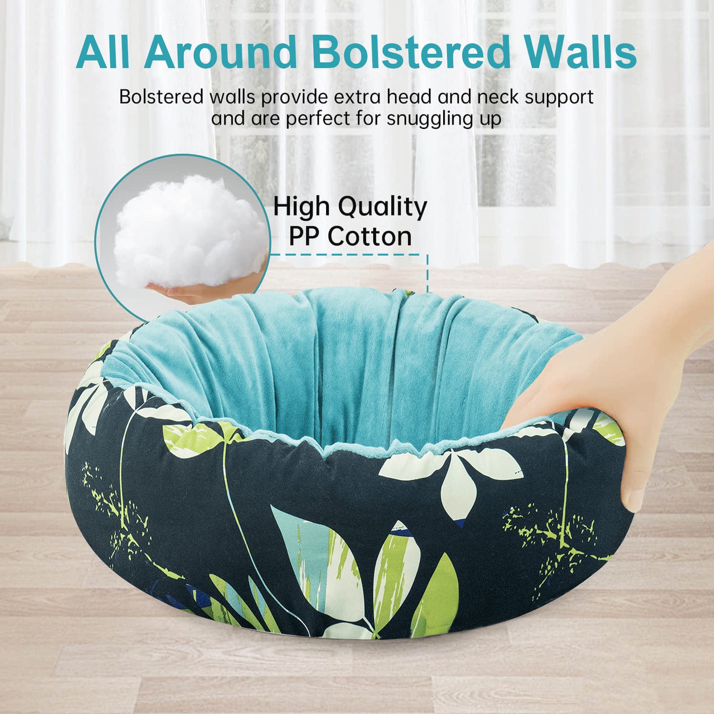 Plush Round Pet Bed Blue Leaves Pattern All-Season Cat Dog Non-Slip Mat