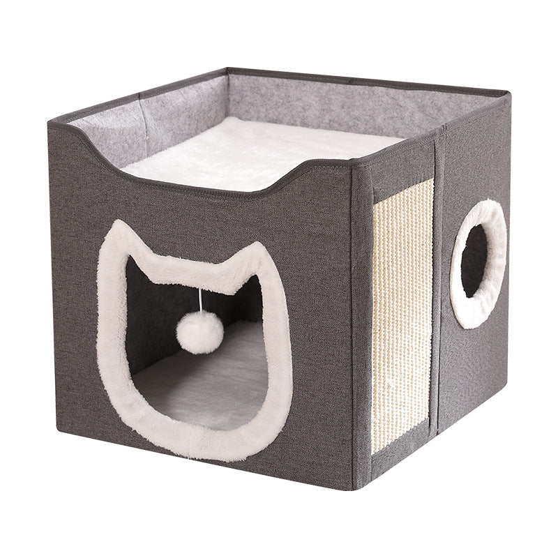 Warm Foldable Cat Villa Storage House Featuring Scratching Board All Year