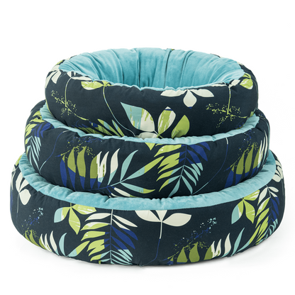 Plush Round Pet Bed Blue Leaves Pattern All-Season Cat Dog Non-Slip Mat