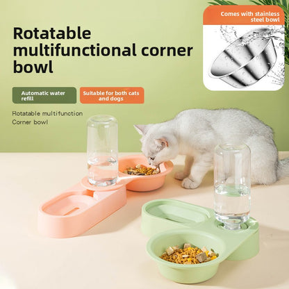 Automatic Pet Water Dispenser with Stainless Steel Double Bowl Rotatable Foldable Dog Cat Feeder for Food and Water Corner Feeding Solution