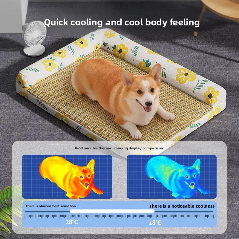 Elevated Cooling Dog Bed Summer Gel Cooling Mat with Neck Protection Removable Washable Cover Thickened Pet Bed for Medium Large Dogs Cats