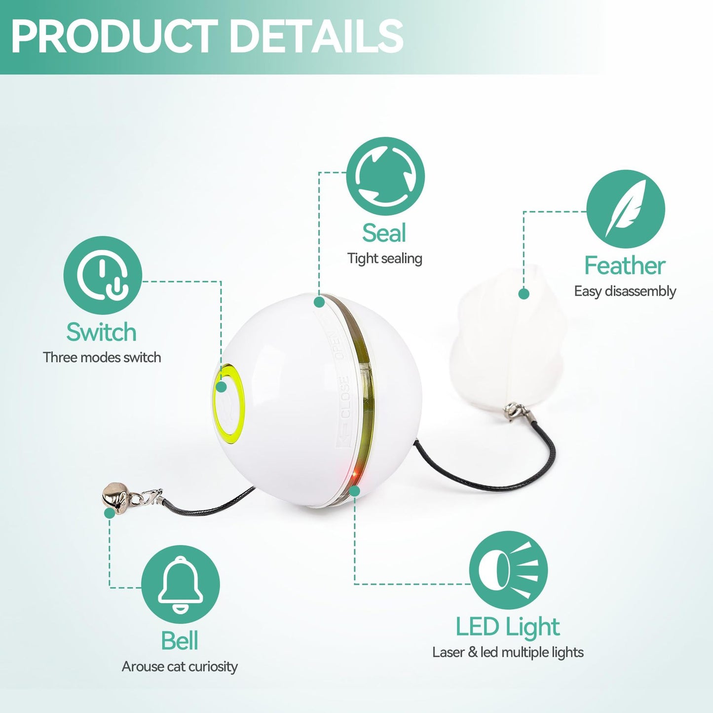 Cat Self-Entertainment Bell Feather Automatic Rotating Rolling Ball LED Light Laser Cat Teasing Toy