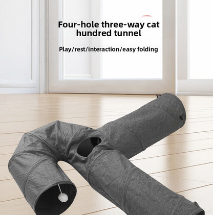 Hot-Selling New Four-Hole Three-Way Curved Foldable Scratch-Resistant Cat Tunnel Pet Toy