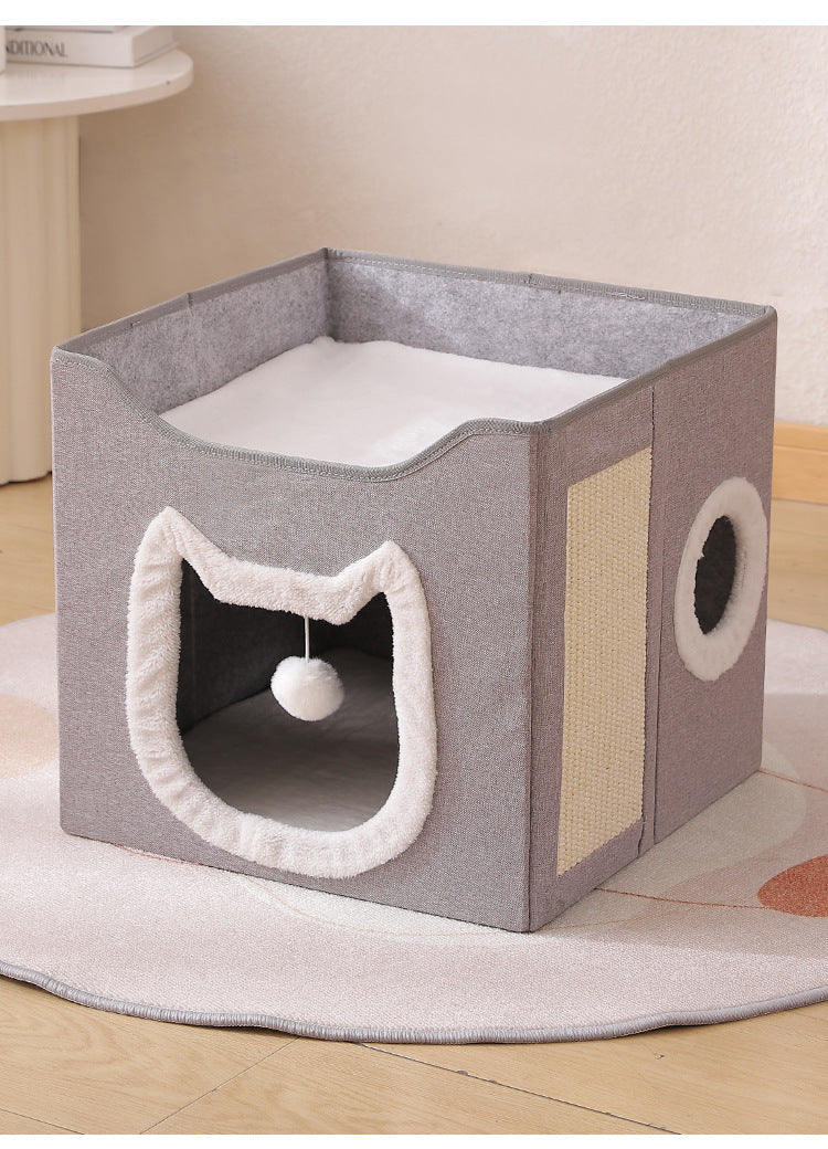 Warm Foldable Cat Villa Storage House Featuring Scratching Board All Year