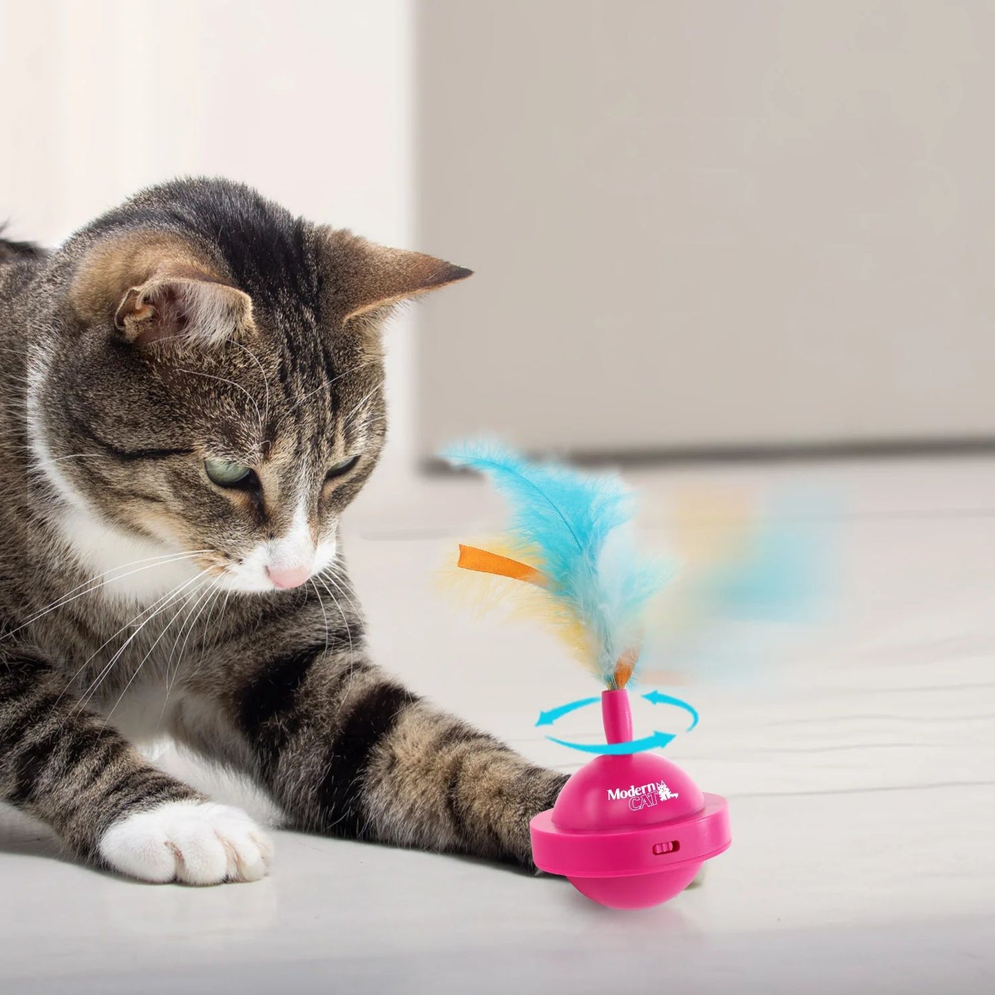 USB Rechargeable Cat Ball Toy 360-Degree Rotating Feather Ribbon Teaser