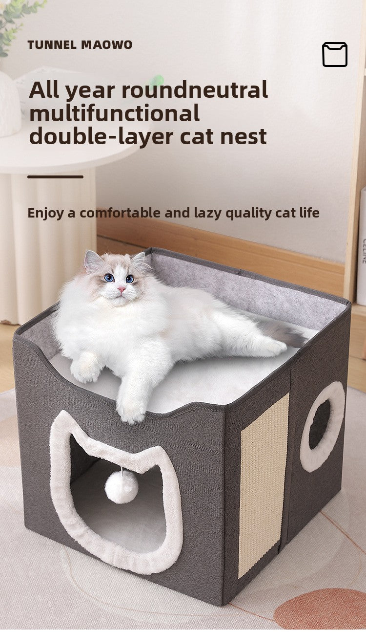 Warm Foldable Cat Villa Storage House Featuring Scratching Board All Year