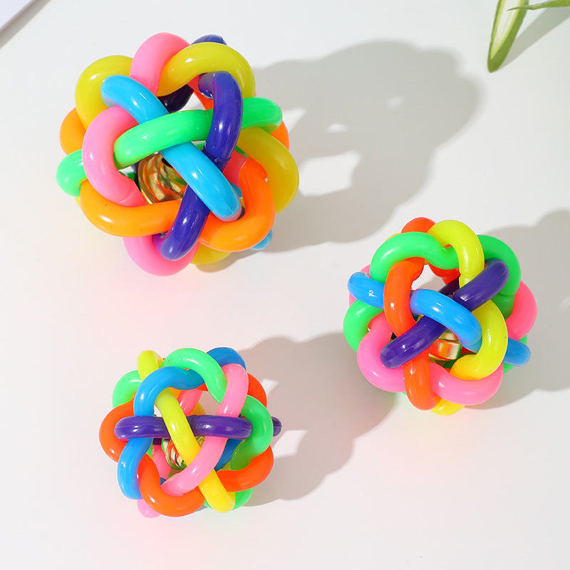 Interactive Dog Training Woven Bell Rubber Chew Ball with Colorful Design
